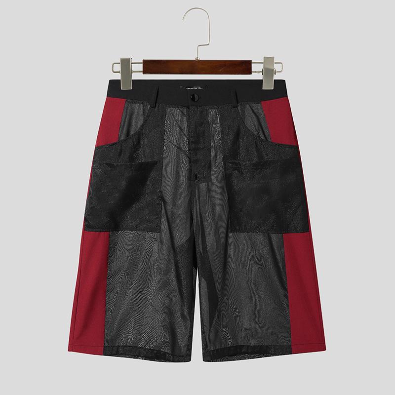 INCERUN Men Summer Zip-up Waist Pockets Splicing Transparent Shorts Half Pants S красный