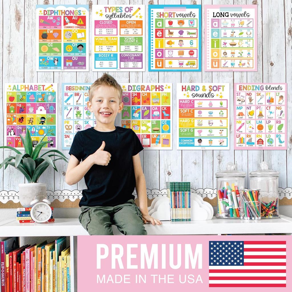 Sound Wall Classroom Phonics Posters - Syllable Types Posters For Classroom Decor, Long and Short Vowel Sounds Chart, Digraphs and Blends Poster, 9