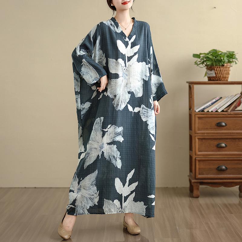 DIMANAF 2025 Women Plus Size Spring Long Dress Loose V-Neck Printing Vintage Casual Floral Oversize Long Sleeve 5060