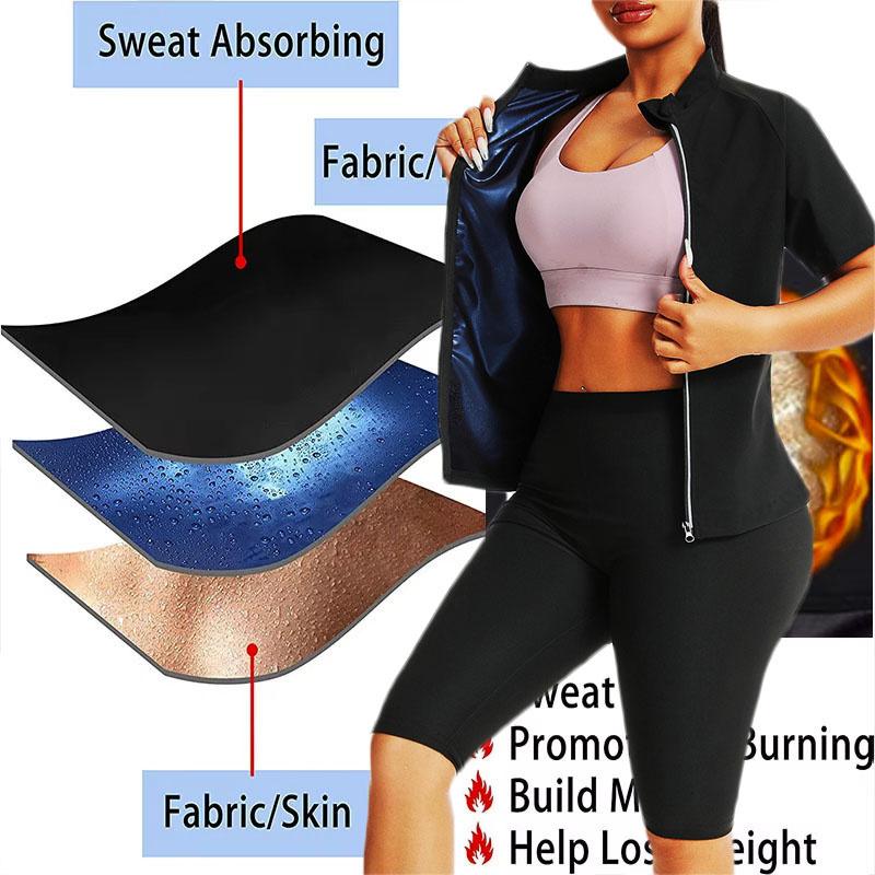 MrifDila Women Sauna Suit Jackets Body Shaper Sweating Short Sleeve Sweat Suit Gym Sweating Top Full Zip Up Sweat Jackets Heat