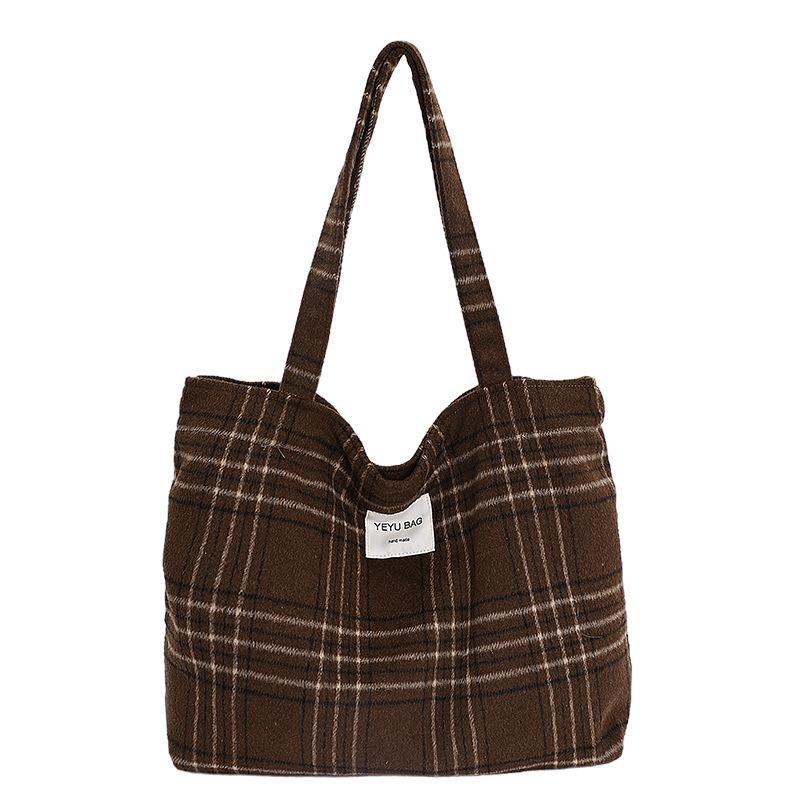 Colored Plaid Women's Woolen Shoulder Bags Vintage Large Capacity Ladies Handle Canvas Tote College Style Girls Book Handbags