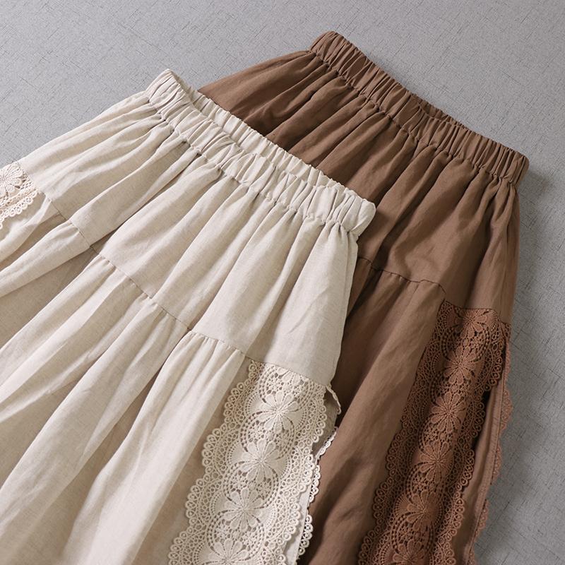 Japan Style Mori Girl Lace Patchwork Linen Skirt Literature Embroidery Double Inner Lining A-line Skirt Spring