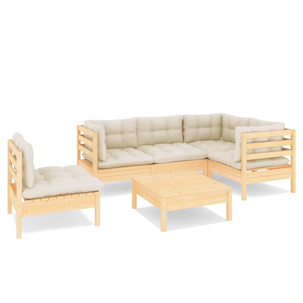 Vidaxl 6-Cz. Garden Lounge Set, Cream Cushions, Pine