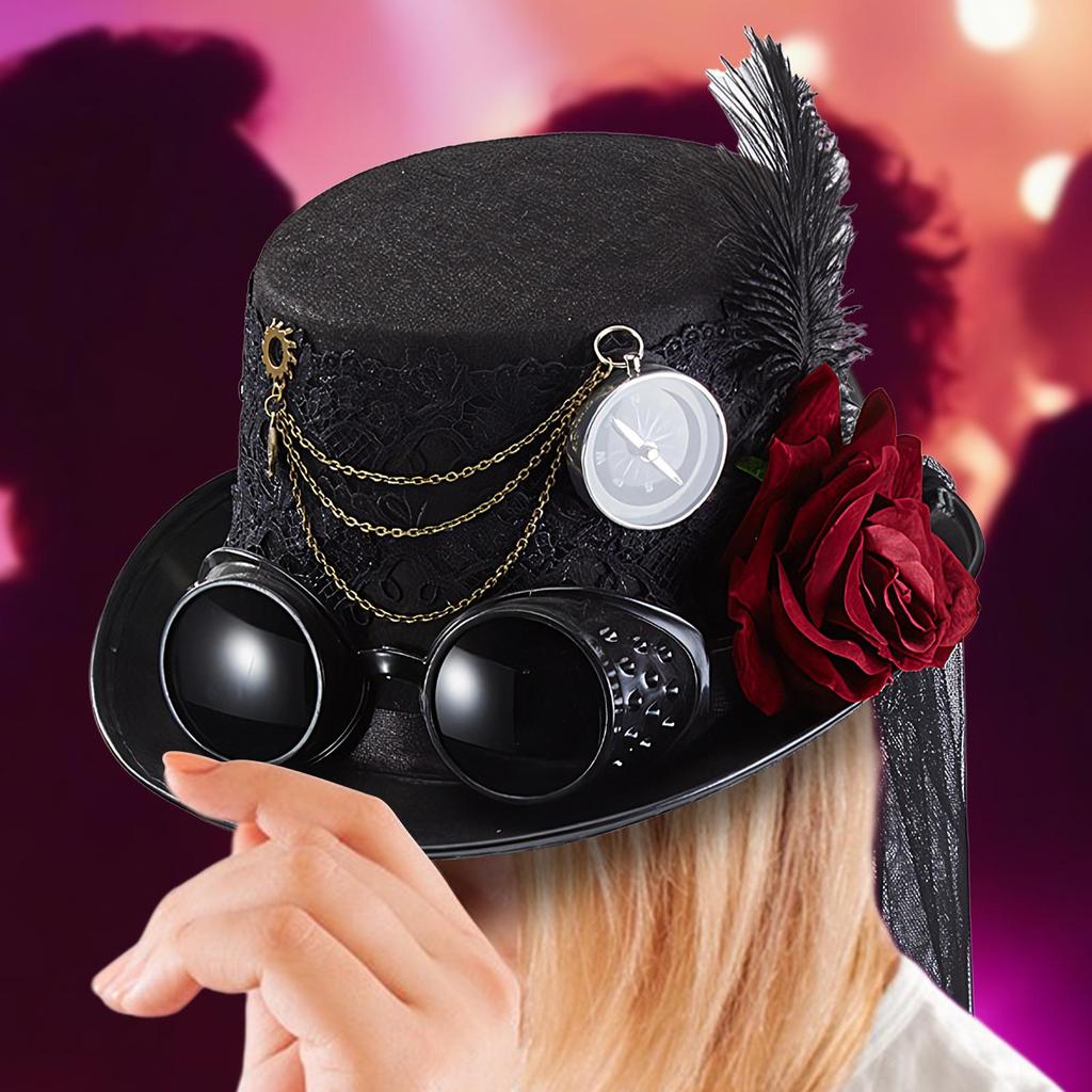 Steampunk Hat Men Gothic Style Punk Hat Costume Headgear With Rose Removable Goggles Chain For Men Movie Props Cosplay Halloween
