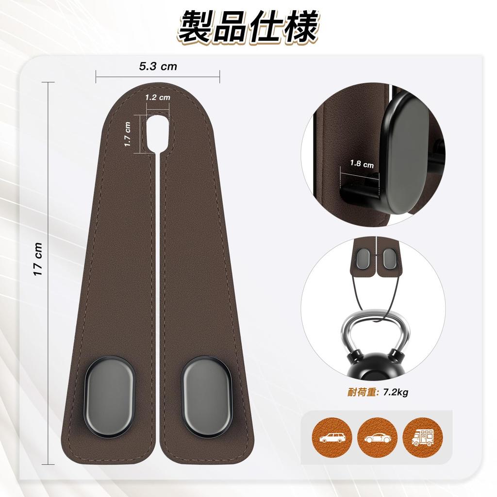 Hangerspace Headrest Hooks, Set of 2, Leather & Metal for Cars, Double Hooks, Bag