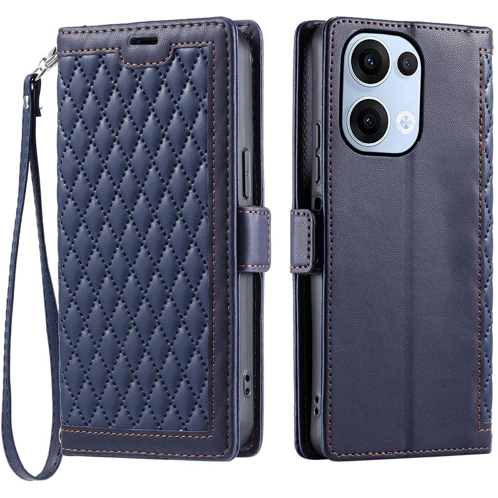For Oppo Reno13 5G (Global) Leather Case Rhombus Texture Wallet Stand Phone Cover with Wrist Strap