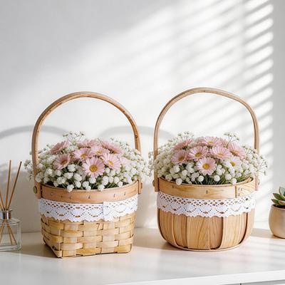 Cesta de Flores, con Decoración de Encaje, Cesta de Flores de Mimbre Rattan Tejida a Mano, Cesta de Regalo Floral Portátil de Madera