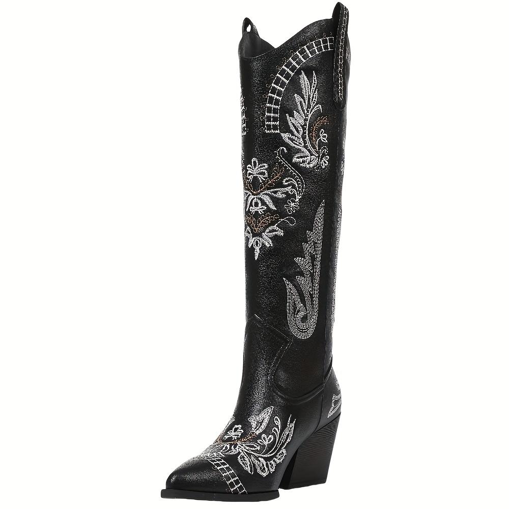 

Women Ladies Retro Embroidered Western Boots Vintage Chunky High Heel Pointed Toe Pull-on Knee High Boots Dress Leisure Footwear 42