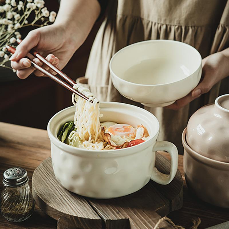 Cream Ceramic Instant Noodle Bowl With Cover Bowl Personal Instant Noodle Bowl Household Tableware Large Soup Bowl And Chopsticks Set