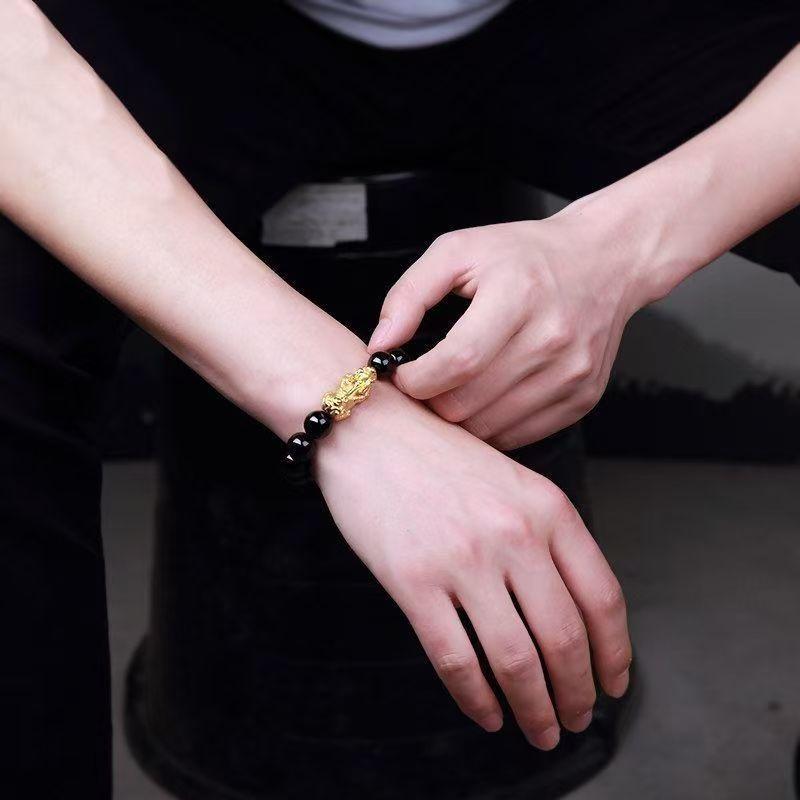 Pixiu Bracelet for Men with Six-character Mantra, Black Agate Imitation Gold Bracelet, Fortune-bringing Jewelry, Birthday Gift for Boyfriend
