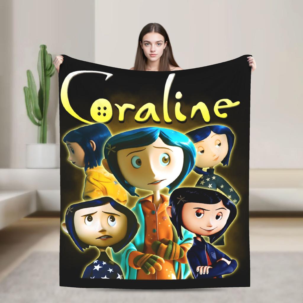 Coralines Animated Movie Blanket  Travel Flannel Throw Blanket For Living Room Warm Soft Custom DIY Quality Bedspread Gift Idea