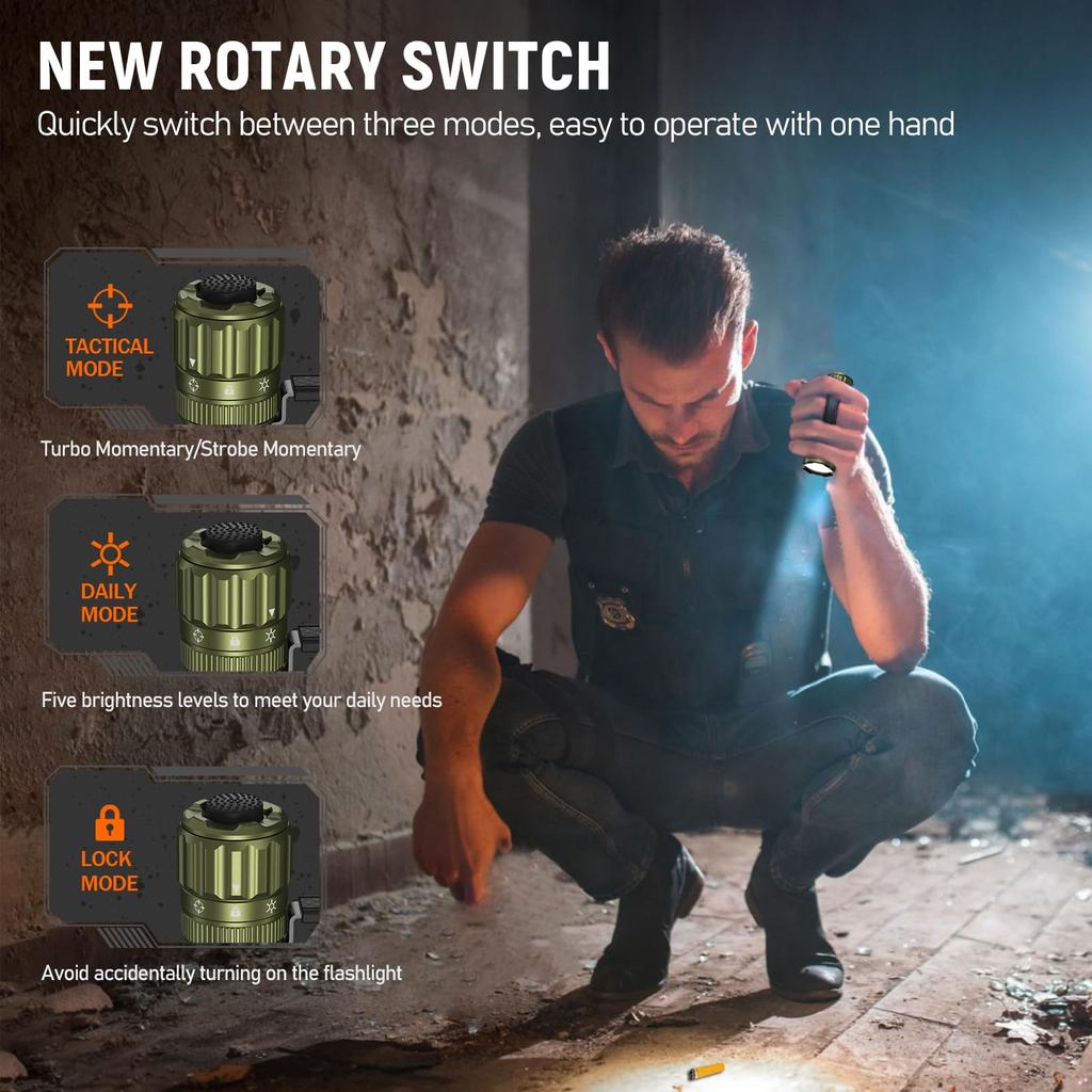 Wurkkos TD07 Tactical Rechargeable 1300 High Lumens EDC IP68 6 Lighting Flash Light for Emergency Camping Flashlight, USB-C Flashlight, Flashlight,