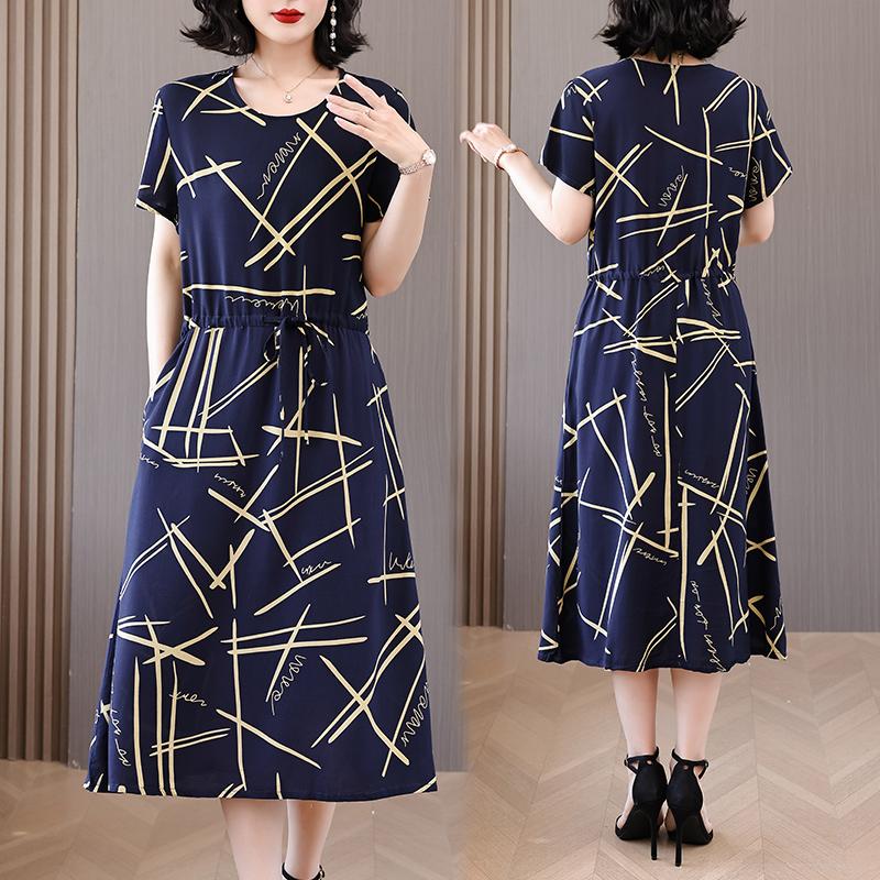 Letnia kobieta elegancka sukienka nowa dorywczo z krótkim rękawem ubrania w stylu koreańskim damska długa sukienka z nadrukiem w stylu vintage