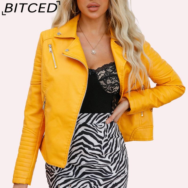 BITCED Spring/Autumn Short-Length Leather Jacket for Women Slim-Fit Collared Biker Jacket with Diagonal Zipper