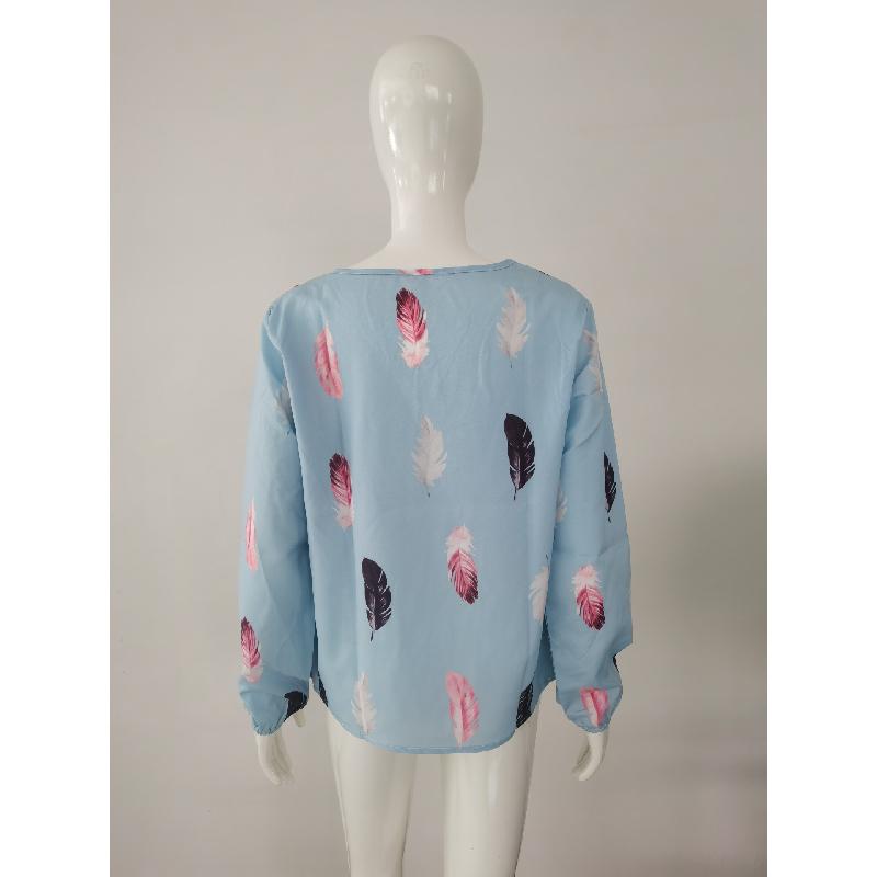 2026 Spring New V-neck Feather Print Long Sleeve Loose T-shirt for Women