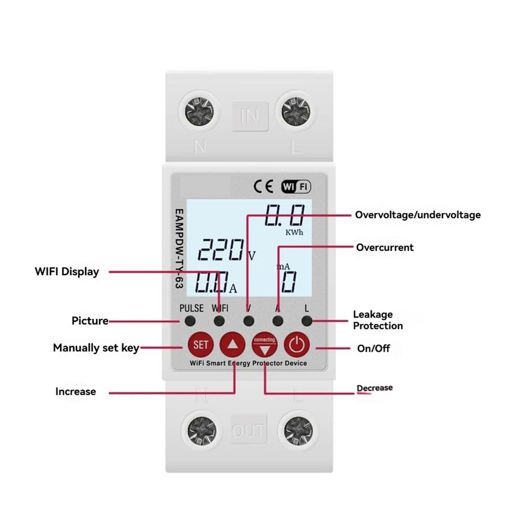 2025 New 2P 63A TUYA WiFi Smart Protector Relay Device Switch Breaker Earth Leakage over Under Voltage Energy Power KWh Meter