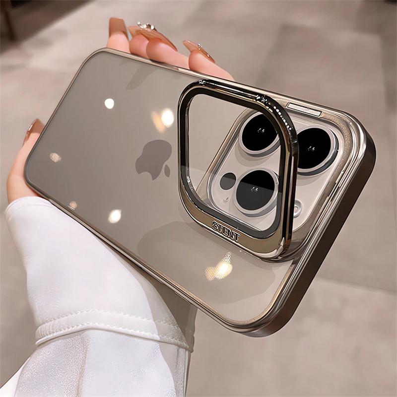 Fold Glass Lens Stand Holder Clear Case For 17 16 15 14 13 12 Pro Max Plus Plating Camera Protection Shockproof Cover