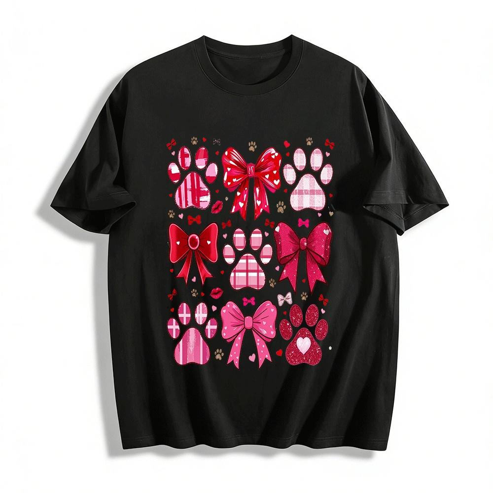 

Valentine s Day Bow Paw Print Graphic Top Pure cotton T-shirt XXS