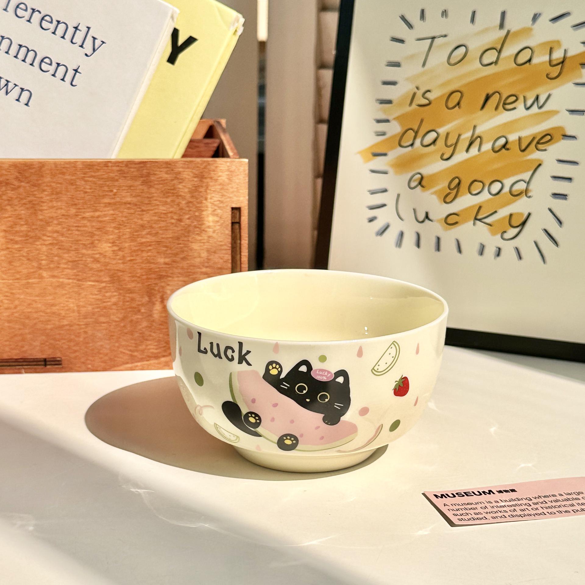 Cute Cat Watermelon Ceramic Bowl & Plate Set - Cartoon Style Tableware for Homes