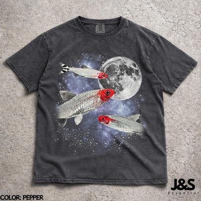 Three Rummy Nose Tetra Moon Shirt, Rummy Nose Tetra Galaxy Tee, Aquarium Hobbyist Gift, Vintage Wash Retro Fish Top, Aquatic Pet Graphic