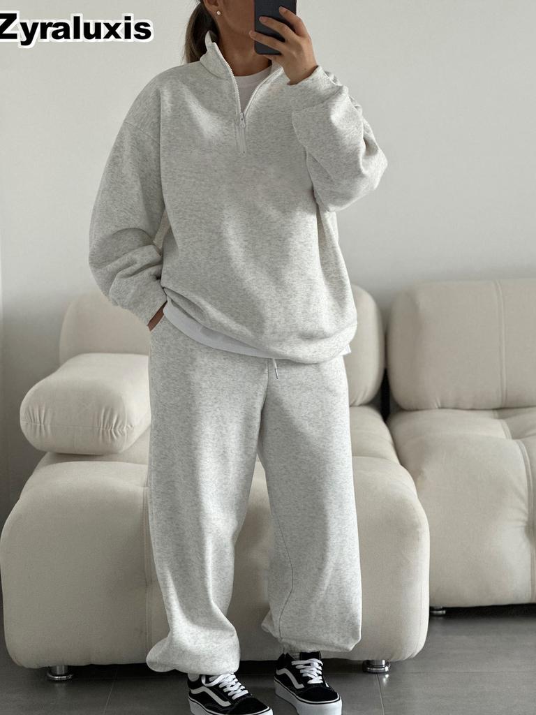 Fashion Half-Neck Long Sleeve Hoodie Pants Set Casual Oversized Sweatshirt and Pants Outfit