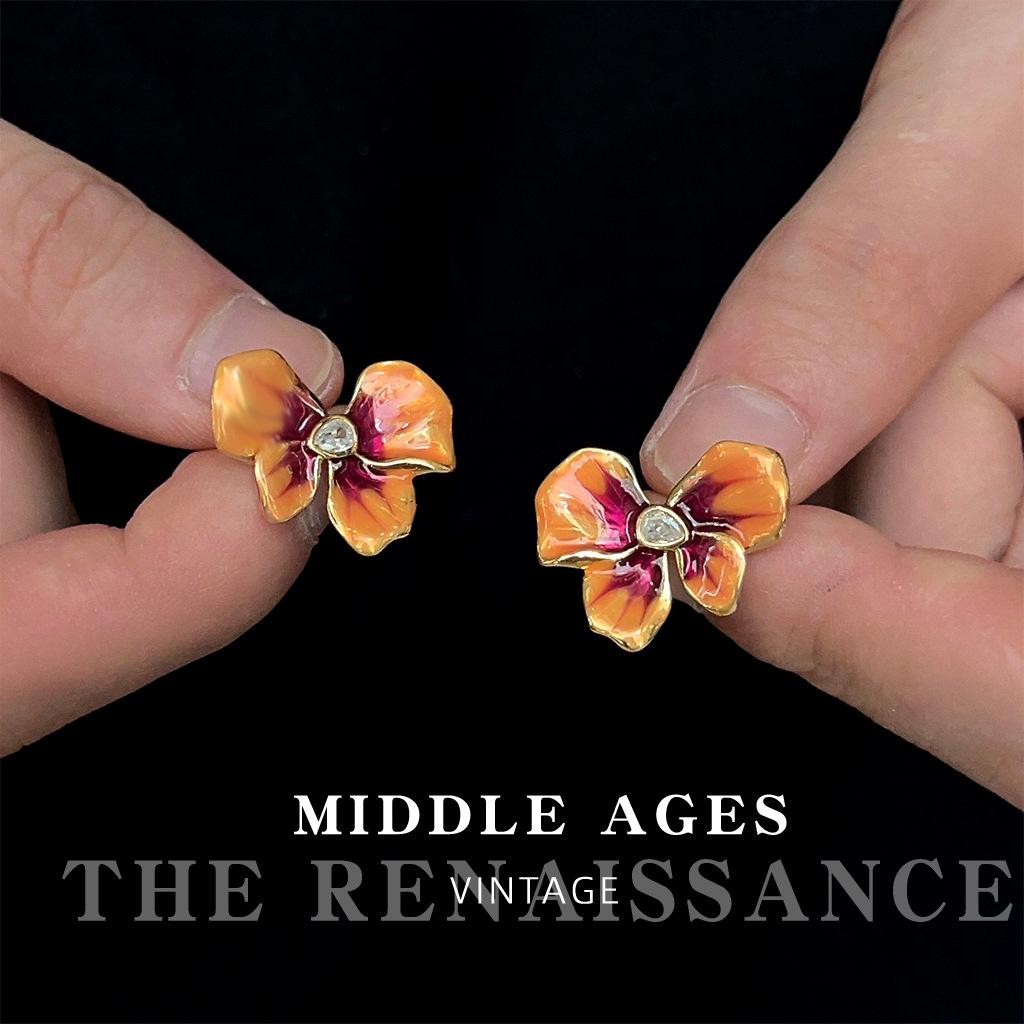 

Medieval oil drop enamel flower earrings iris earrings retro French butterfly silver needle earrings