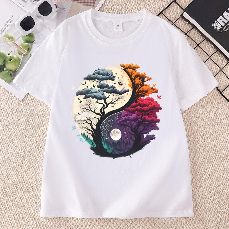 YinYang Natureinspired Pattern Loose Tshirt Tree Design Moon and Flying Birds Printed Tshirts Nature Lovers and Outdoor