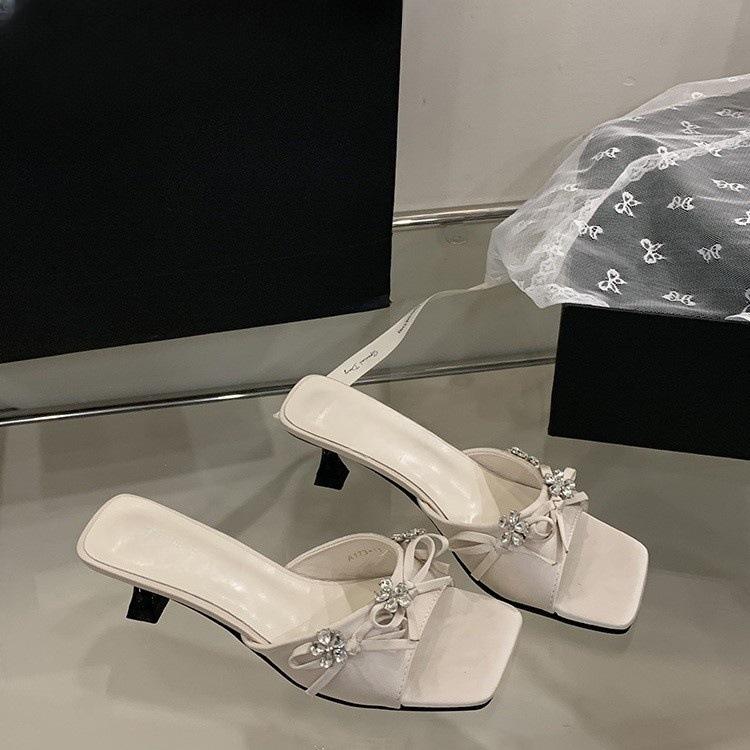 Fairy style with skirt, rhinestone sandals with slippers, square head, thin heel, sandals, women's high heels, soft sole tide