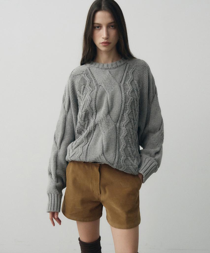 NOIRER FOR WOMAN Heavy Multi-Cable Sweater (Melange Grey)