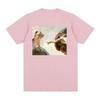 T-shirt Unisex Uomo Donna Moda Vintage Cotone Manica Corta Classica con Meme Gatto Divertente Pittura Creazione di Michelangelo Rinascimento