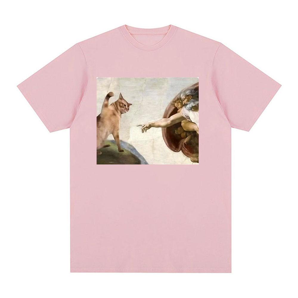 T-shirt Unisex Uomo Donna Moda Vintage Cotone Manica Corta Classica con Meme Gatto Divertente Pittura Creazione di Michelangelo Rinascimento