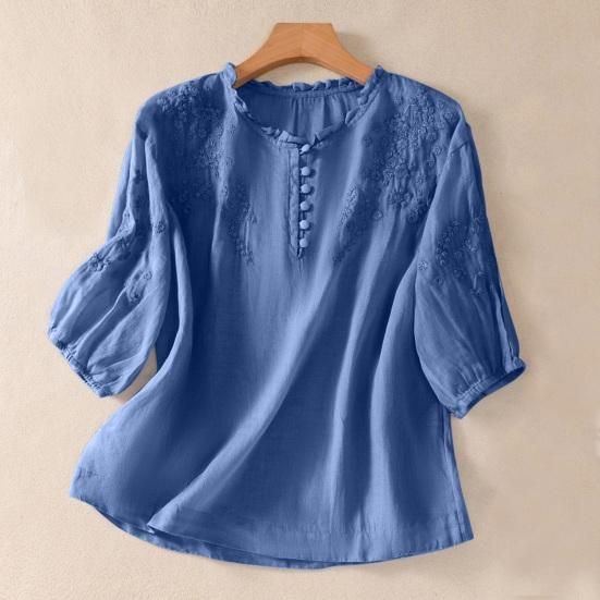 Camicia da Donna Ricamata Floreale Manica a 3/4 a Palloncino Vestibilità Larga Pullover Top Orlo Curvo Casual Estiva Blusa Traspirante Quotidiano