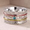 Vintage Inlaid Blue CZ Wide Women's Ring Ethnic Two Color Hand Carving Daily Wear Party Jewelry Anniversary Gift