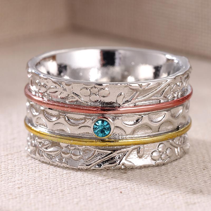 Vintage Inlaid Blue CZ Wide Women's Ring Ethnic Two Color Hand Carving Daily Wear Party Jewelry Anniversary Gift
