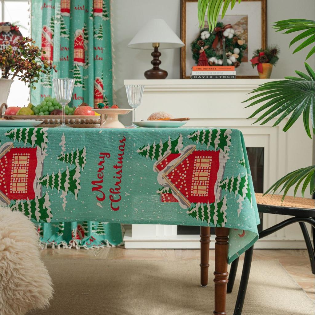 1PC Christmas Biscuit Man Print Japanese Cotton and Linen Red Festive Table Cloth Decoration Kitchen Rectangle