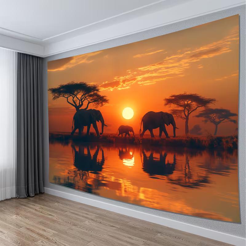 2D Serengeti Sunset Elephant Tapestry, Nature Animal Scenery Wall Hanging for Home Decor