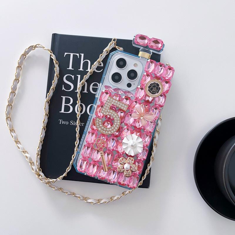Full Diamond Perfume Bottle Phone Case for IPhone17Promax Crossbody Cord for Apple 16 Flower Key Luxury 14