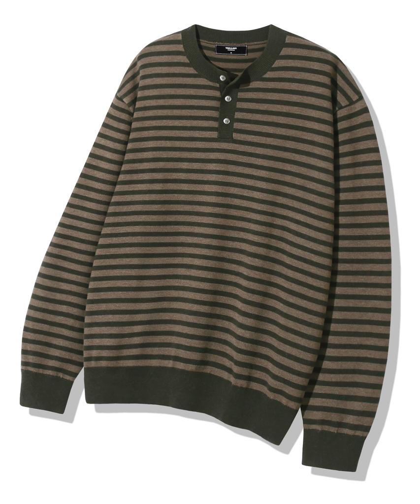 TRILLION Semi-Crop Henley Neck Knit_Stripe Khaki