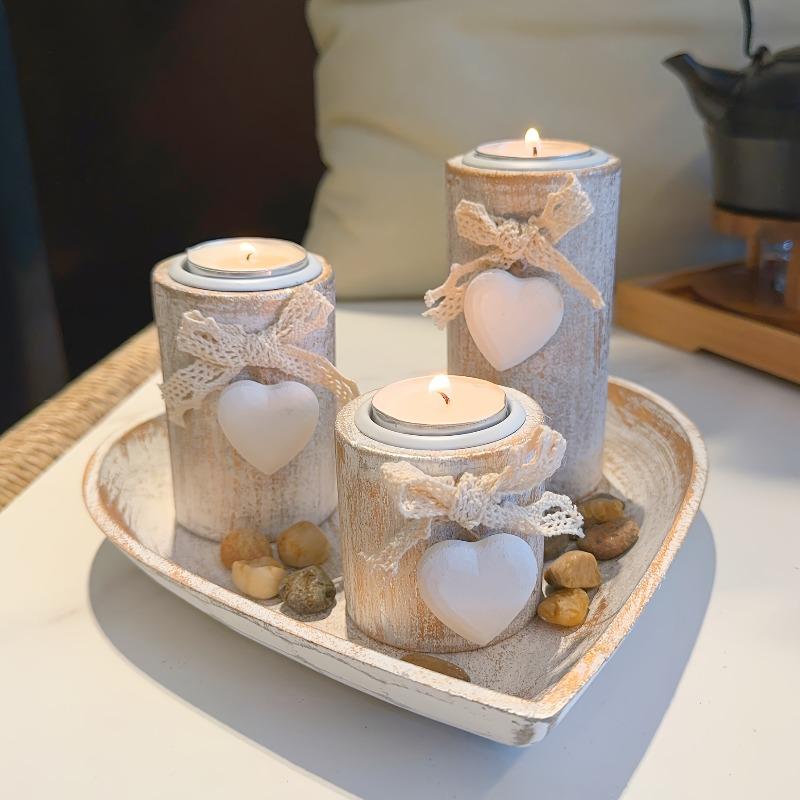 4pcs Wooden Candle Holder Set with Heart-Shaped Trays Rustic Farmhouse Decor Valentine's Day Gift Candle Home Table Decorations