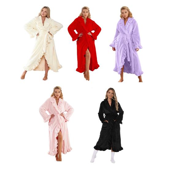 Dames Pluizige Ruche Badjas Zachte Fleece Sjaalkraag Kimono Badjas Winter Pluche Warm Huispak met Zakken