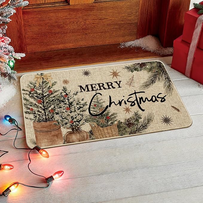 

Christmas Carpet Mat Rug Vintage Linen Texture with Green Pine Tree MERRY CHRISTMAS Text Non-slip Floor Mat for Home Decoration 30x50cm