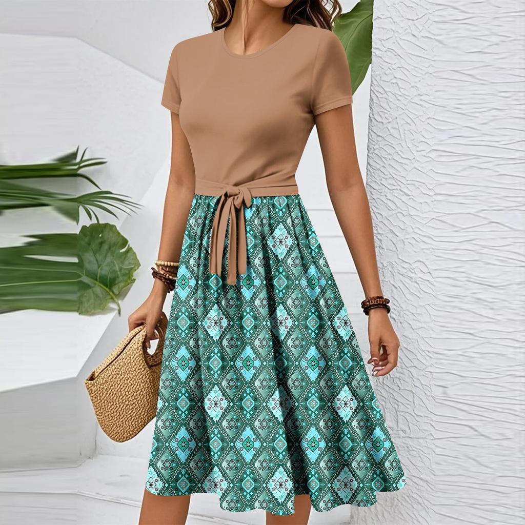 Dámské ležérní módní šaty s páskem, vintage potiskem, krátkým rukávem, kulatým výstřihem, elegantní