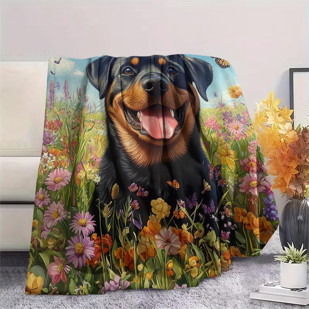 Rottweiler and Garden,pattern Flannel Blanket, High quality Comfortable for All Seasons, Home Decor, Warmth and Comfort, Perfect for Gifts.
