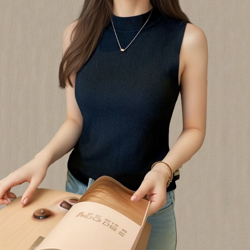 

Half Turtleneck Knitted Sling Vest Inner Match Bottoming Shirt Black S