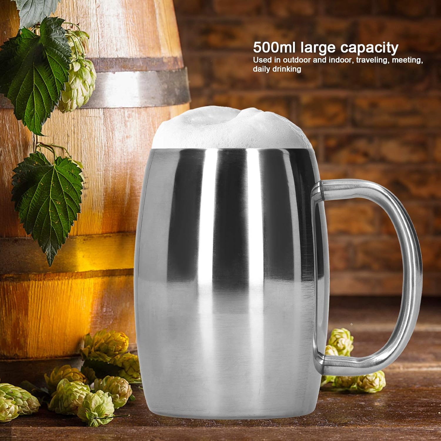 Stainless Steel Coffee Mug, 17oz/500ml Double Wall Barrel Mug with Handle Drinking Cups for Coffee Beer Tea Drink