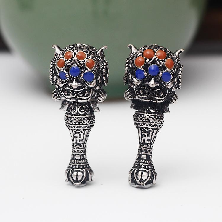 43Mm Old Chinese Miao Silver Mahakala Wrathful Deity Buddha Head Amulet Pendant