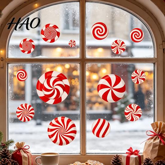 Holiday Candy Pattern Decorations Christmas Static Window Clings for Glass, Decorations, Gingerbread Man Removable Xmas Party Ornaments Cane