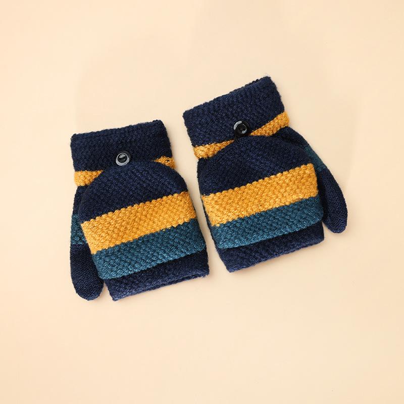 Gestreifte gestrickte doppellagige verdickte warme Halbfinger-Kindergarten-Jungen- und Mädchen-Winterkälte-Kinder-Klapphandschuhe