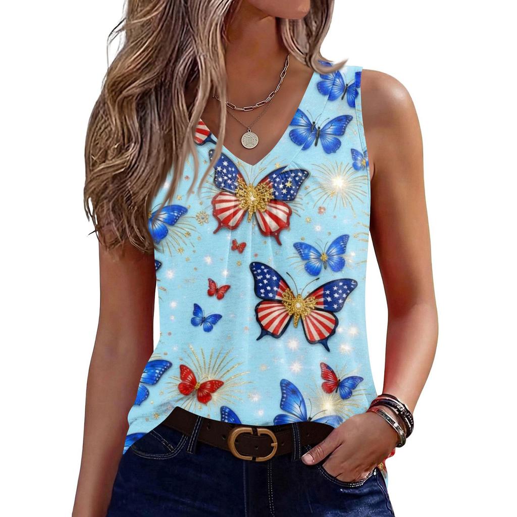 Womens Tank Tops Sleeveless Loose Fit Tops V Neck Pleated Shirts Basic Tees