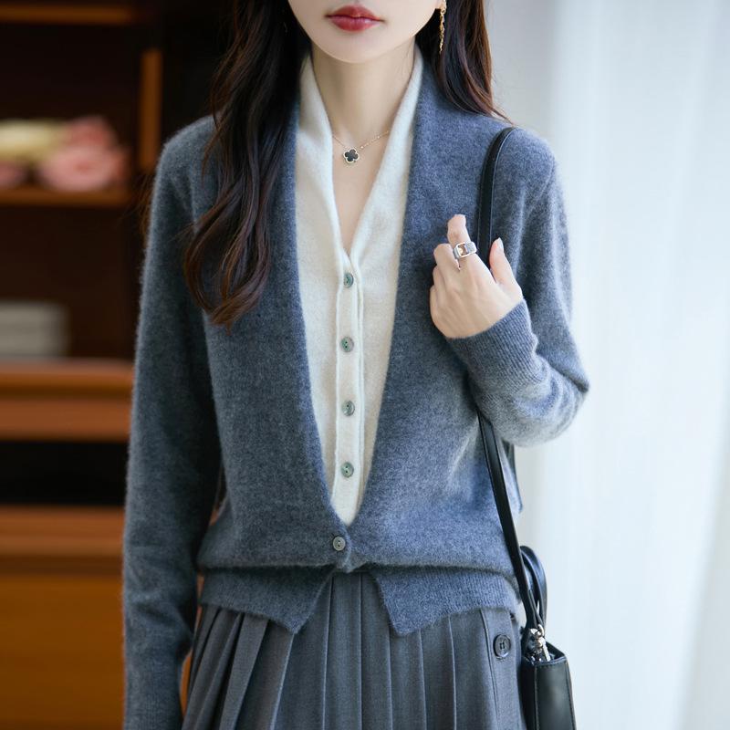 V Yaka Renk Bloklu %100 Yün Örgü Hırka - Sonbahar & Kış İki Parçalı Fransız Günlük Kazak Ceket